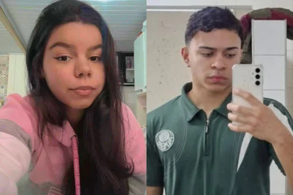 Imagem colorida mostra jovem à esquerda que foi morta pelo namorado à direita