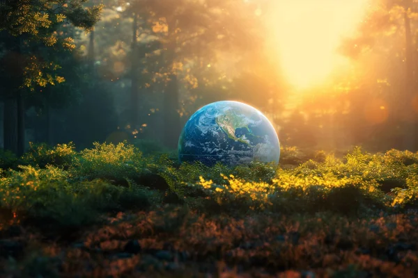 Ilustração colorida do planeta Terra numa floresta sob a luz do sol - Metrópoles.