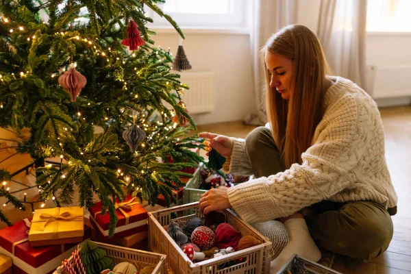 foto colorida mulher guardando decoração de Natal