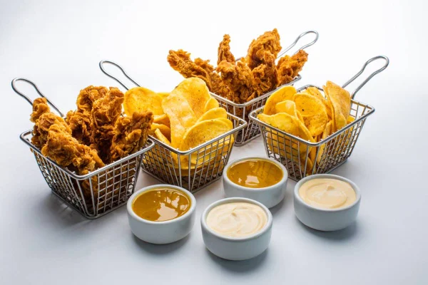 Cestinhas com frango empanado, batata chips e potinhos com molhos