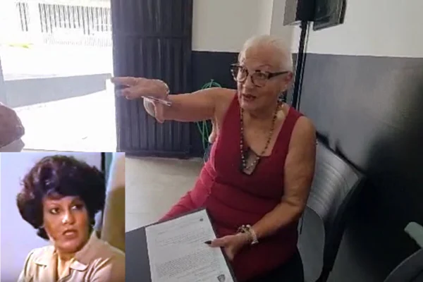 Montagem com foto de fundo grande na qual idosa segura folha sobre mesa apontando para o ar com a outra mão. No destaque, do lado esquerdo abaixo, a mesma pessoa jovem, em um retrato - Metrópoles