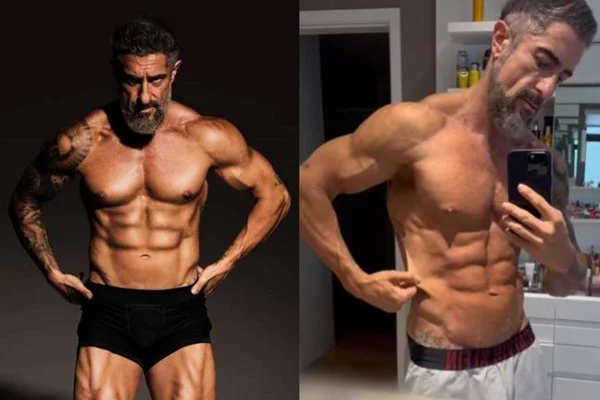 Montagem colorida com duas fotos do apresentador marcos mion sem camisa - Metrópoles