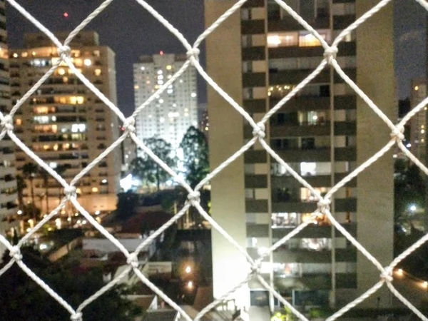 Imagem colorida mostra rede de proteção e prédios em área urbana de São Paulo