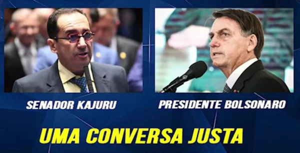 Imagem do senador Jorge Kajuru e do presidente Jair Bolsonaro com legenda 'uma conversa justa