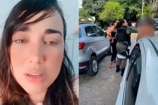 Montagem com fotos coloridas de Fabíola Aniely da Conceição durante pronunciamento e momento que PM deu tapa no rosto da mãe - Metrópoles