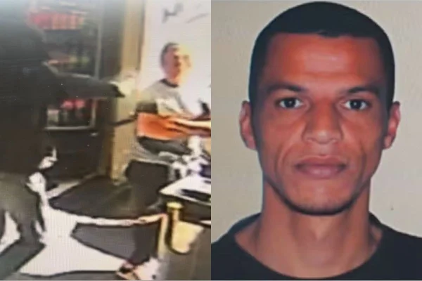Imagem colorida mostra momento em que Bruno Lopes Fernandes Barreto atira contra a ex em pastelaria. Metrópoles