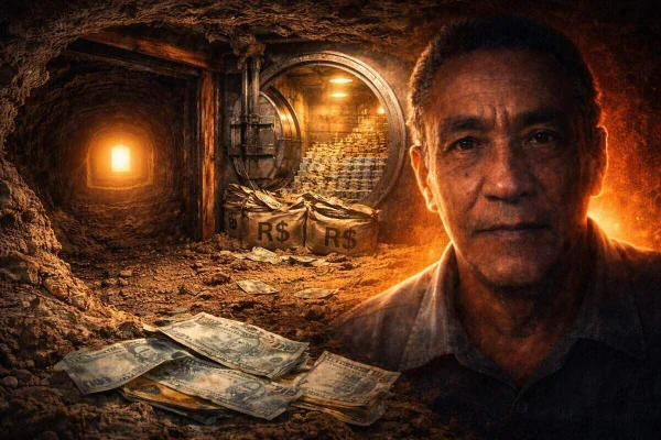 Arte gráfica de homem inserido em contexto visual com túnel perfurado, cofre arrombado com dinheiro e luz amarela no fim do túnel - Metrópoles