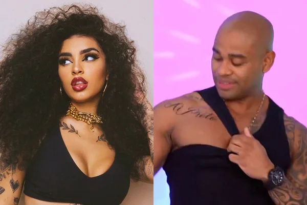 À esquerda, Bianca, cantora do hit Ai Preto; à direita, Cezar Black, do BBB23, exibe tatuagem com a frase "Ai Preto" - Metrópoles