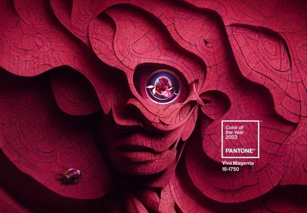 Foto colorida do anúncio da cor viva magenta como cor do ano 2023 pela Pantone