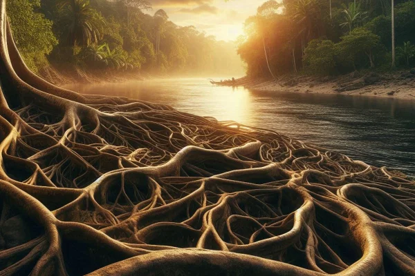Imagem gerada por IA de raízes na beira de um rio - Metrópoles