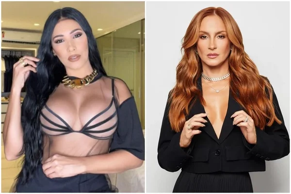 Montagem com as fotos de Simaria, com um look preto, colar e cabelos pretos e Claudia Leitte, com cabelo ruivo e roupa preta decotada - Metrópoles