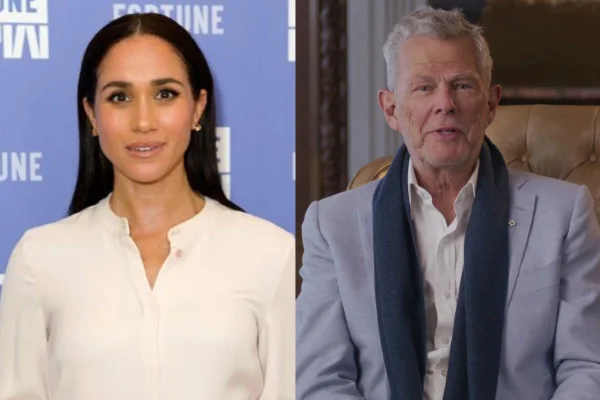 Montagem entre foto de Meghan Markle e David Foster