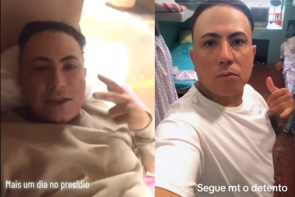 Duas imagens, do mesmo homem branco, com roupa de presidiário - Metrópoles