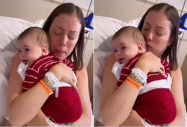 Foto de print de vídeo colorida de Fabiana Justus e o filho de 5 meses no colo