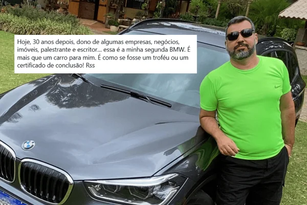 Adriano Reis posa ao lado de sua segunda BMW.