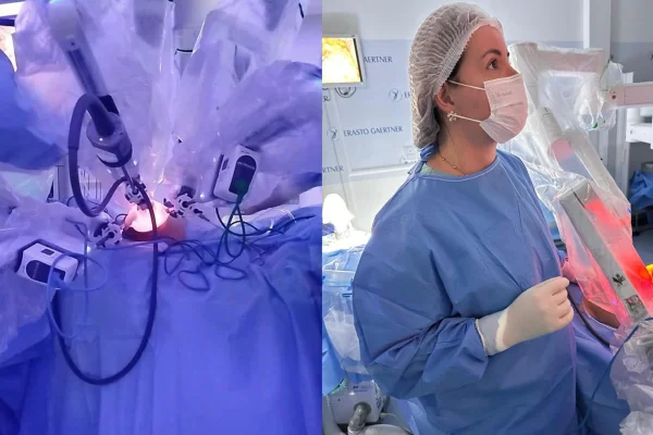 Montagem de fotos coloridas, mostram um ambiente hospitalar onde acontece uma cirurgia de câncer de mama - Metrópoles.