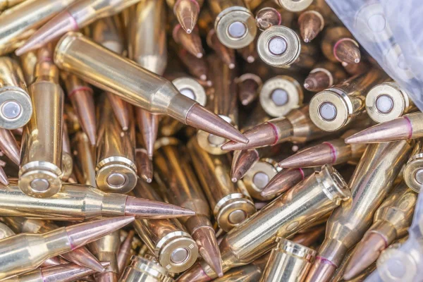 Imagem colorida mostra vários cartuchos de rifle
