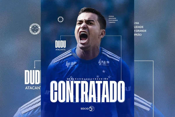 Imagem colorida do anúncio de contratação do Dudu com o Cruzeiro- MEtrópoles