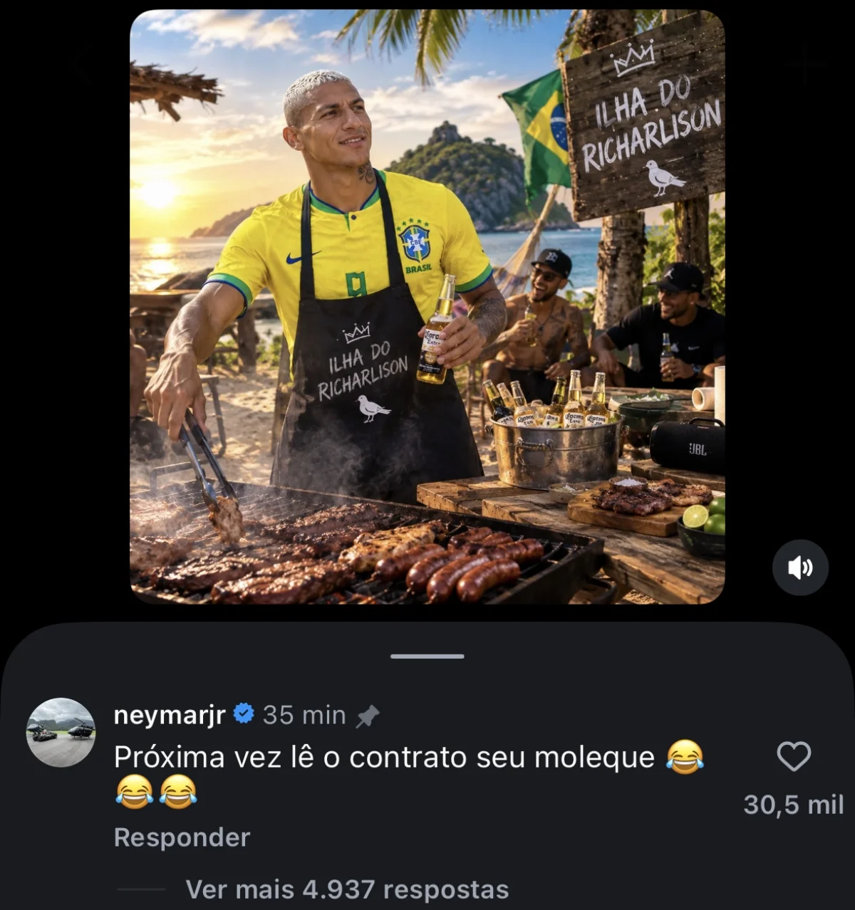 Em resposta a post de Richarlison, Neymar escreveu: "Próxima vez lê o contrato seu moleque". Em resposta a post de Richarlison, Neymar escreveu: "Próxima vez lê o contrato seu moleque".