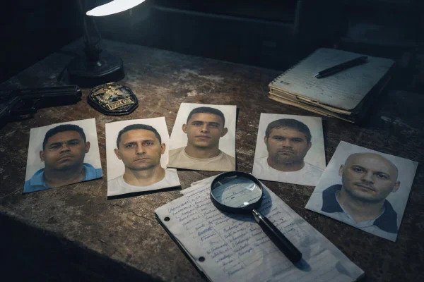 Arte gráfico com cinco fotografias d e homens, sobre mesa de madeira, na qual há anotações, uma lupa, pistola e distintivo policial - Metrópoles