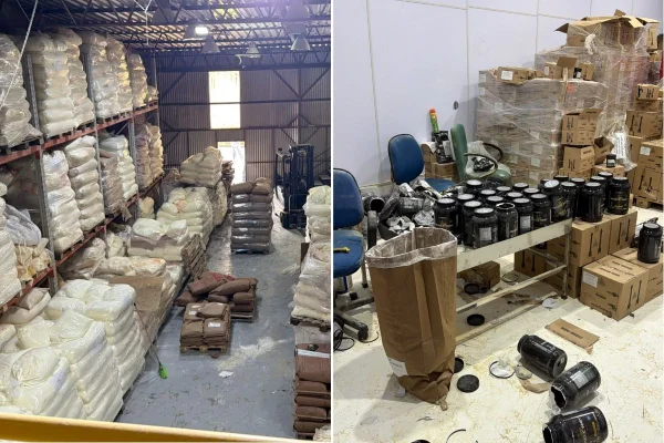 Montagem colorida de "fábrica" usada para reembalar produtos alimentares e leite em pó vencidos, em São João da Boa Vista, interior de São Paulo.