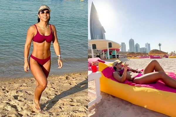 Mulher de craque da Seleção, Belle Silva curte beach club no Catar