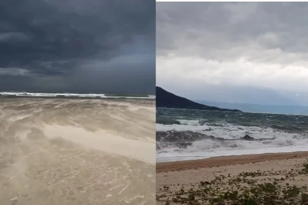 Capturas de tela coloridas de mar do litoral de São Paulo com fortes rajadas de vento e ressaca - Metrópoles