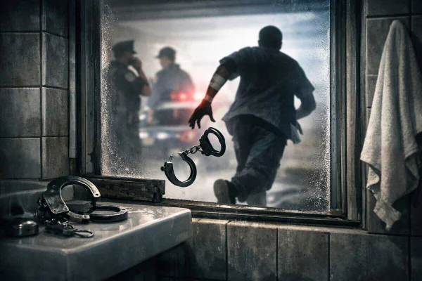 Arte gráfica na horizontal de homem de costas correndo, contra a luz, se desvencilhando de algemas, ao lado de PMS - Metrópoles