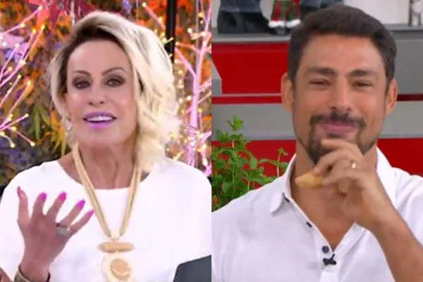 Na montagem temos duas fotos, na primeira ana maria braga falando e na segunda cauã reymond comendo