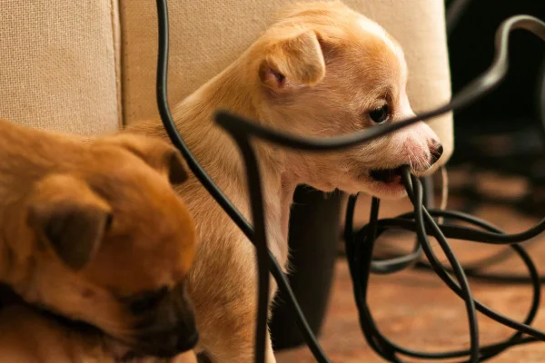 Dois filhotes de cachorro mordendo fios elétricos