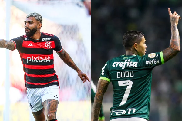 Imagem mostra lado a lado Gabigol vestindo a camisa do Flamengo e Dudu defendendo o Palmeiras