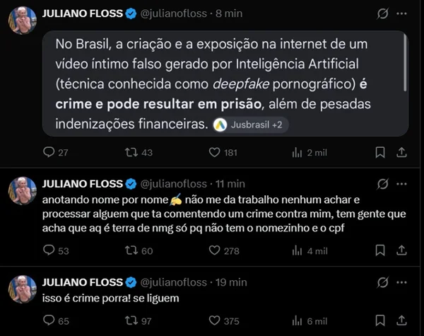 Juliano Floss reage após ser vítima de vídeo íntimo falso: “Processar” - destaque galeria Juliano Floss reage após ser vítima de vídeo íntimo falso: “Processar” - destaque galeria