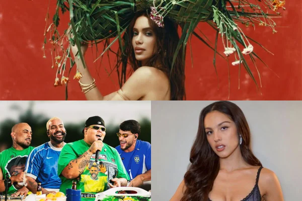 Montagem com fotos de Anitta, Menos É Mais e Olivia Rodrigo