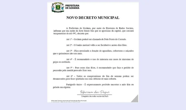 “Polo Norte do Cerrado”: frio faz Goiânia “decretar” banho facultativo
