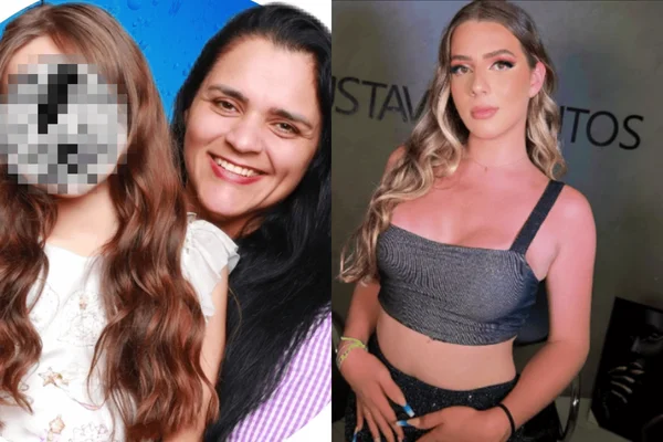 montagem colorida com foto de Viviane e sua filha Mary de 10 anos com rosto borrado + influenciadora Malévola - polêmica Wicked