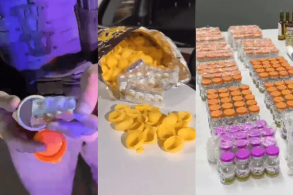 Imagem colorida mostra policial pegando medicamentos que estavam escondidos em garrafas térmicas e embalagens de salgadinho - Metrópoles