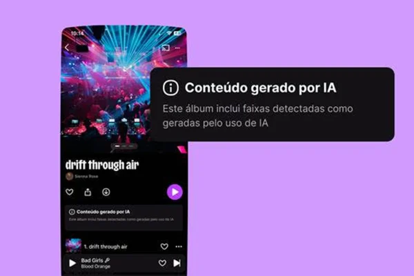 Foto com fundo roxo que reproduz um smartphone conectado em um streaming musical com alerta de música feita por IA - Metrópoles
