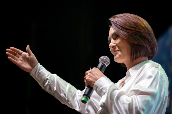 A ex-primeira dama, Michelle Bolsonaro, participa do 1º Seminário Nacional do Partido Liberal (PL), na manhã desta sexta-feira (21/2) | Metrópoles
