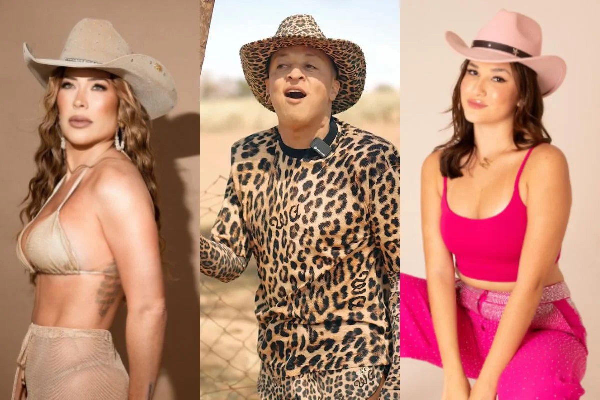 Montagem com tr~es fotos verticais dos participantes de A Fazenda 17 Renata Muller, Walério Araújo e Duda Wendling