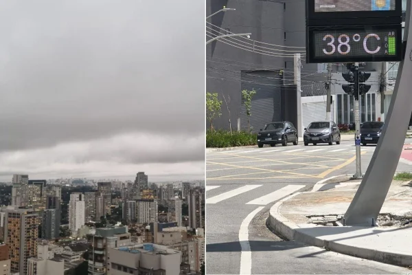 Foto dividida de céu nublado e termômetro marcando 38ºC com alta temperatura em SP. Metrópoles