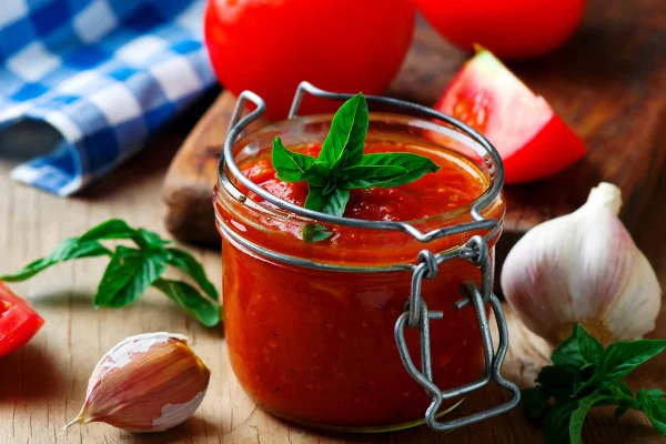 Imagem colorida de um pote de vidro com molho de tomate - Metrópoles