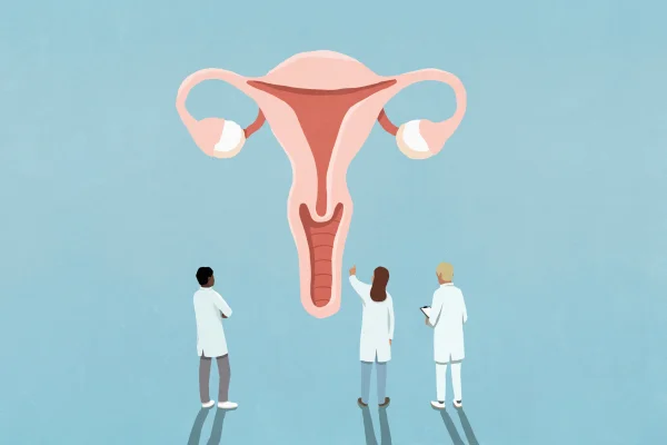 Médicos examinando e discutindo o sistema reprodutivo feminino. Metrópoles