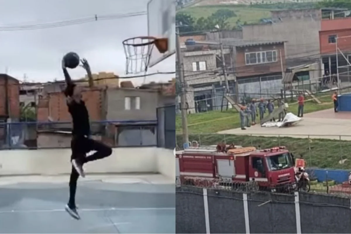 Jovem morre após cesta de basquete desabar em quadra pública de SP 1 Imagem colorida mostra jovem jogando basquete e equipes de resgate após acidente em quadra de SP.