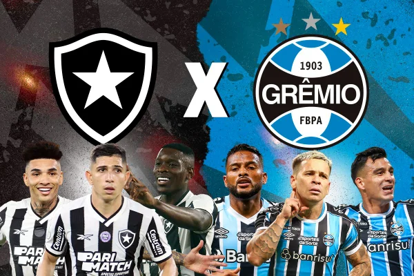 Imagem colorida mostra escudos e jogadores de Botafogo e Grêmio