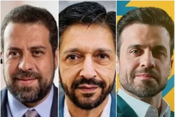 Montagem com foto dos candidatos à Prefeitura de SP (da esq. para a dir.) Guilherme Boulos, Ricardo Nunes e Pablo Marçal - Metrópoles