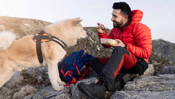 homem alimentando cachorro na montanha