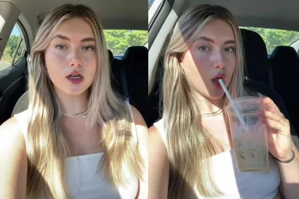 Duas fotos coloridas lado a lado de jovem loira tomando líquido em copo tranparente