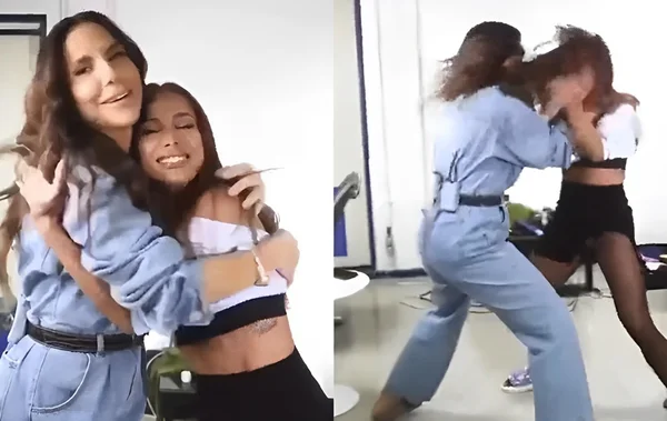 Ivete Sangalo e Anitta sorrindo em uma foto e arrancando os cabelos da outra na outra - Metrópoles
