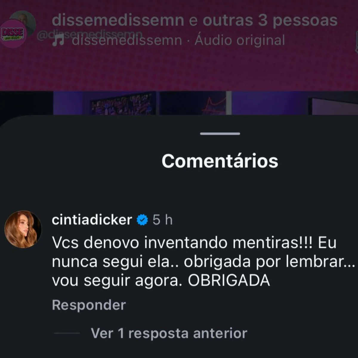 Cintia Dicker negou unfllow em Bianca Andrade. Cintia Dicker negou unfllow em Bianca Andrade.