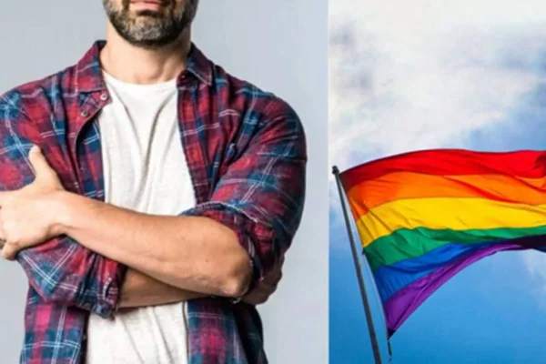 Montagem colorida da foto de um homem e uma bandeira LGBT - Metrópoles